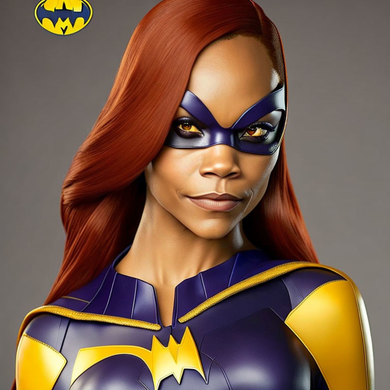 Batgirl in cowl and mask with red hair and Batman logo background