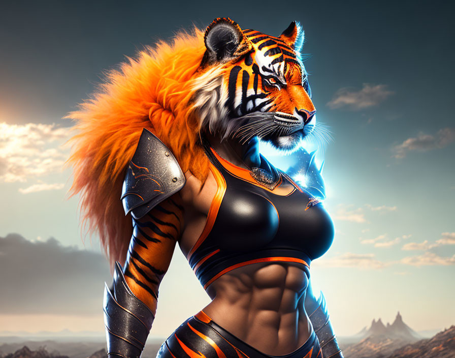 Humanoid figure with tiger features in futuristic armor under dramatic sky