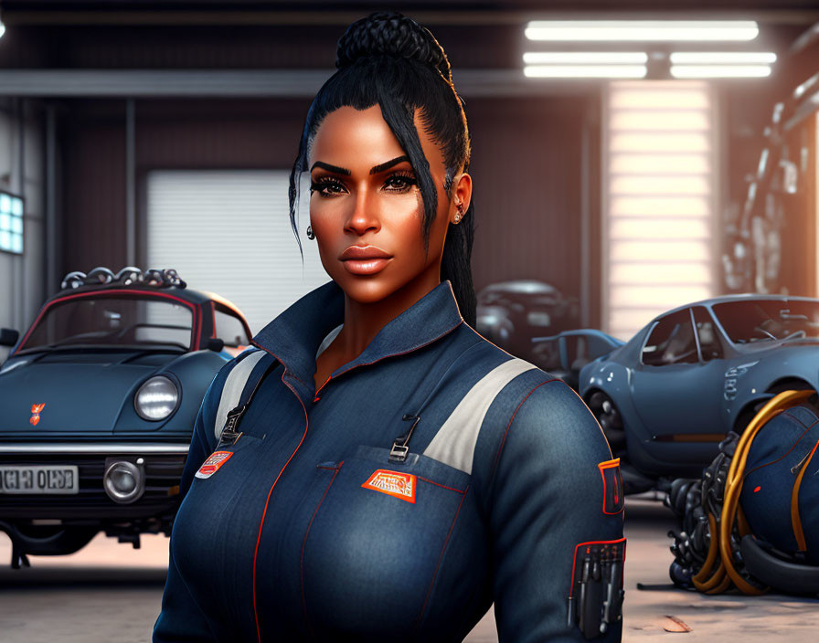 Confident woman with braided hair in mechanic's jumpsuit in garage with classic cars.