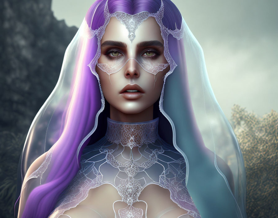 Fantasy illustration: Woman with purple hair, veil, and facial markings in natural setting