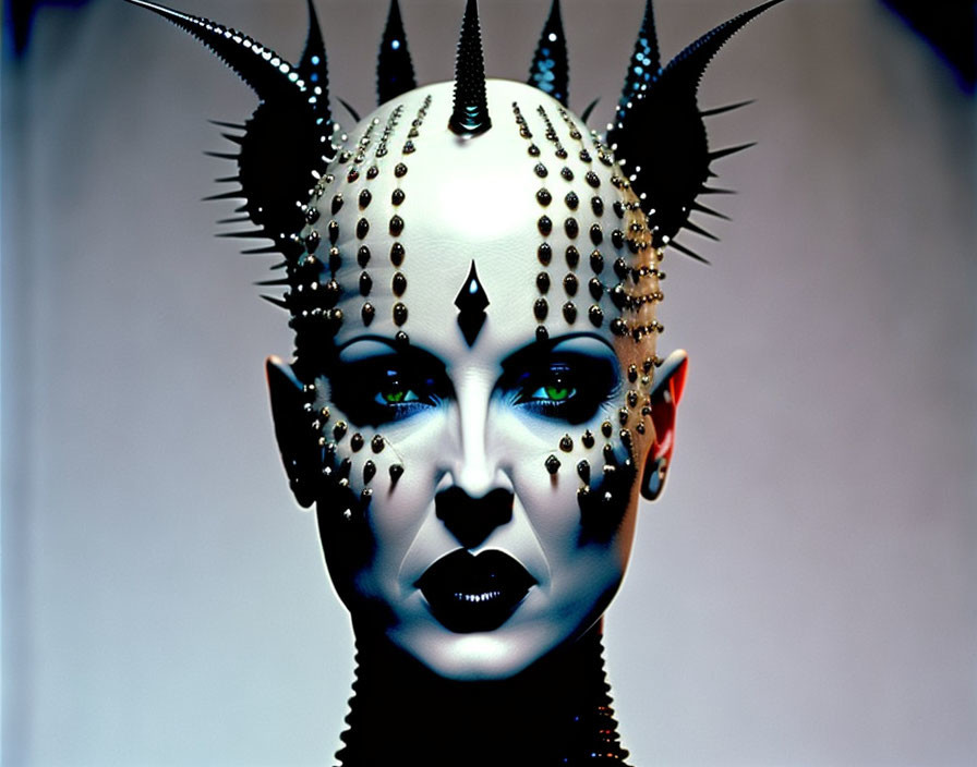 Avant-garde makeup with spiked headpiece and dramatic eye makeup