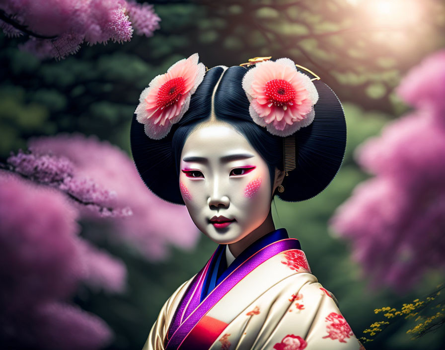 Elaborately adorned geisha surrounded by pink flowers