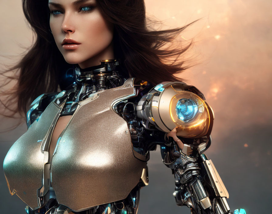 Female Humanoid Robot in Metallic Armor with Glowing Blue Arm Mechanism