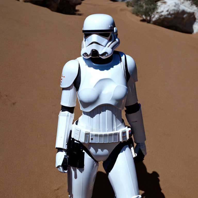 Stormtrooper in white armor on sandy terrain under bright sky