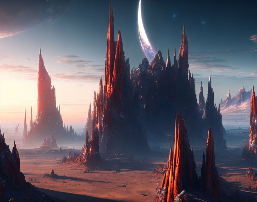 Surreal extraterrestrial landscape with towering spires and large moon