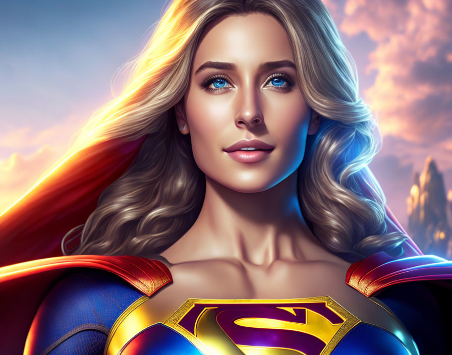 Blonde-Haired Female Superhero in Iconic Suit and Cape