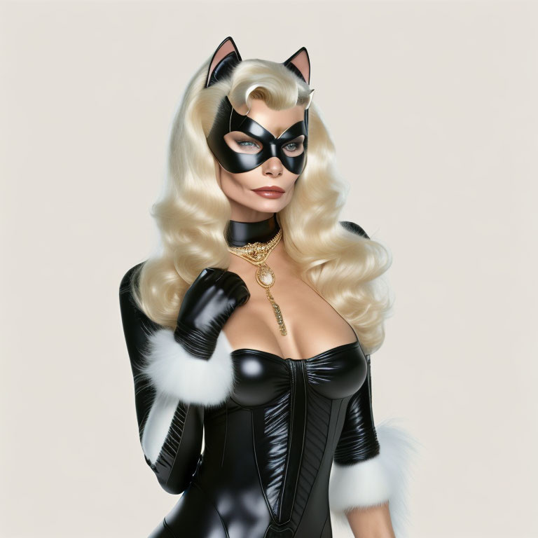 Stylized Catwoman costume illustration with cowl, gloves, and gold necklace