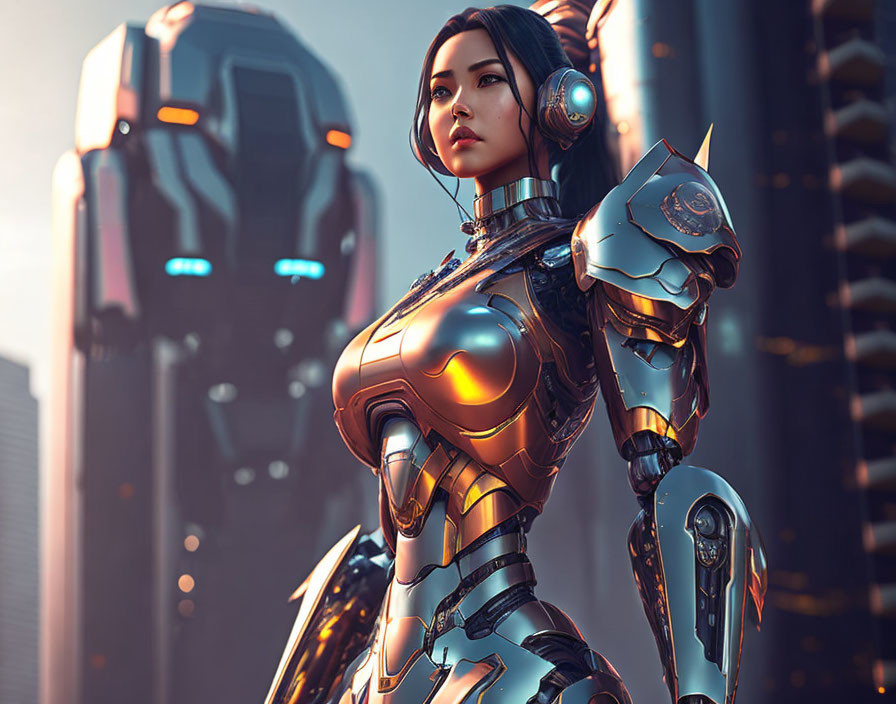 Futuristic female android in sleek armor by robotic structure