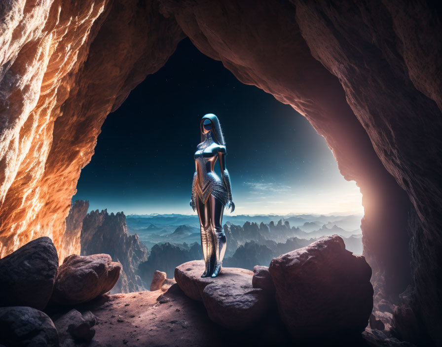 Futuristic figure at cave entrance in dramatic landscape