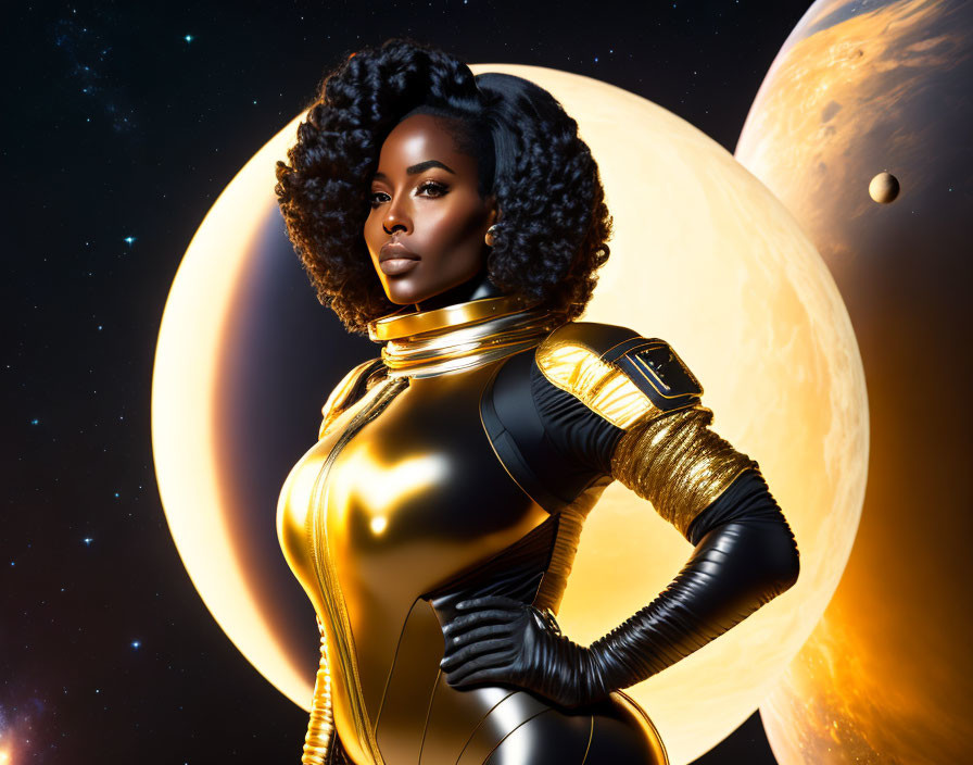 Futuristic woman in black and gold spacesuit among vibrant planets