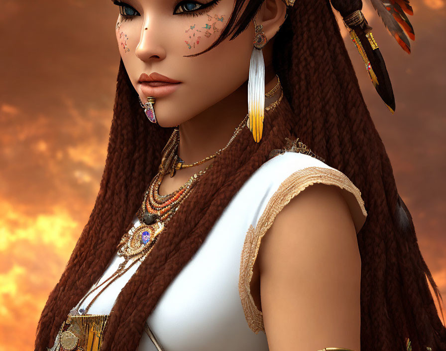 Digital illustration: Woman with braided hair, feathers, and jewelry against orange sky.