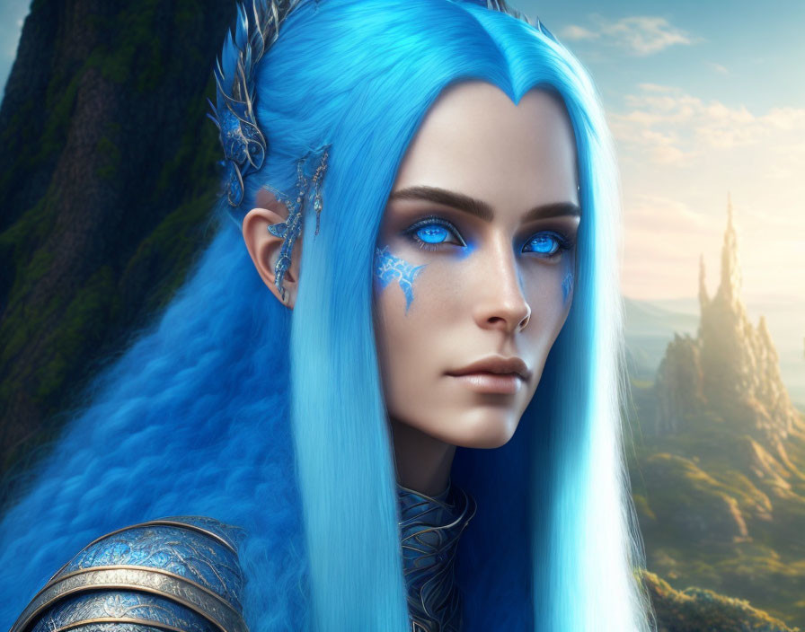 Fantasy elf portrait with radiant blue hair and striking eyes