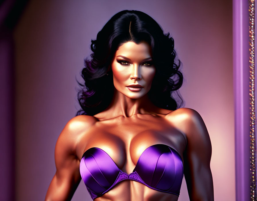 3D rendered image of woman in purple strapless top with strong gaze