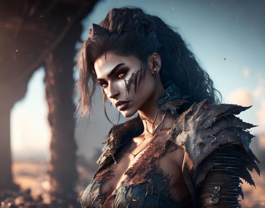 Woman with Striking Face Paint and Armor-like Attire in Ambient Setting