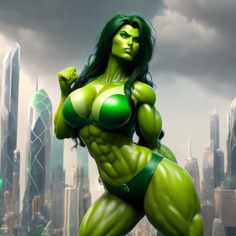 Green-skinned muscular woman in superhero pose against city skyline.