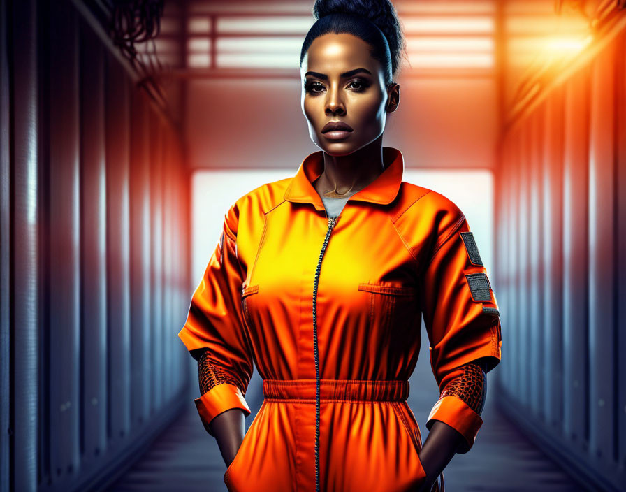 Confident woman in orange jumpsuit in dramatic industrial corridor