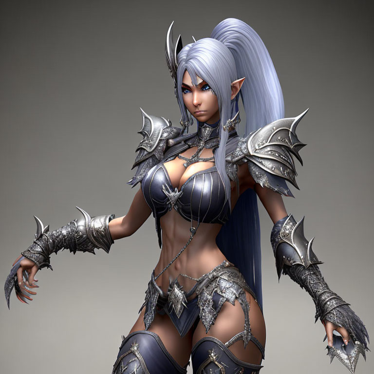 Fantasy female warrior with pointy ears and white hair in elaborate dark armor