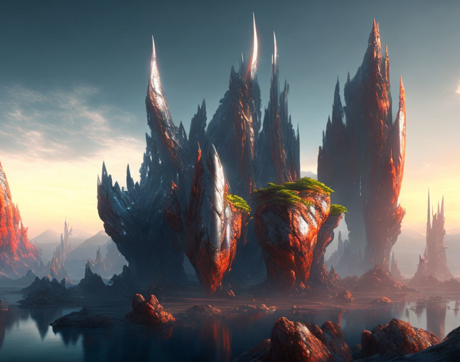 Fantasy landscape with crimson rock formations and water under hazy sky