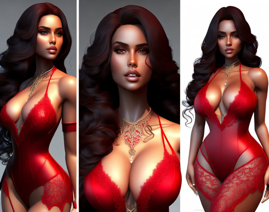 Triple 3D-rendered woman portraits in red lace bodysuit