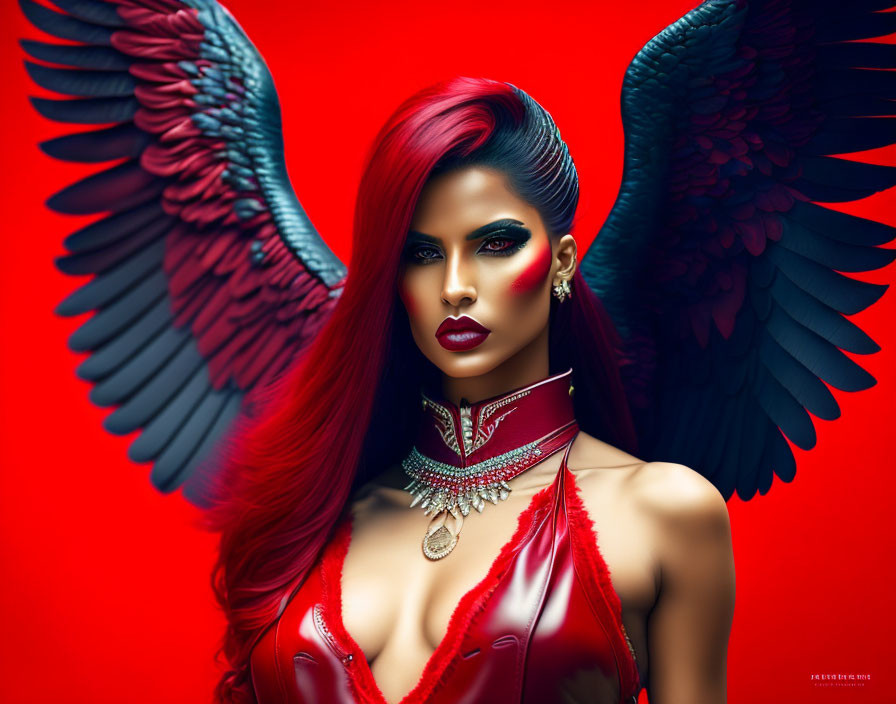 Vibrant red-haired woman with winged eyeliner and dark angel wings on red background