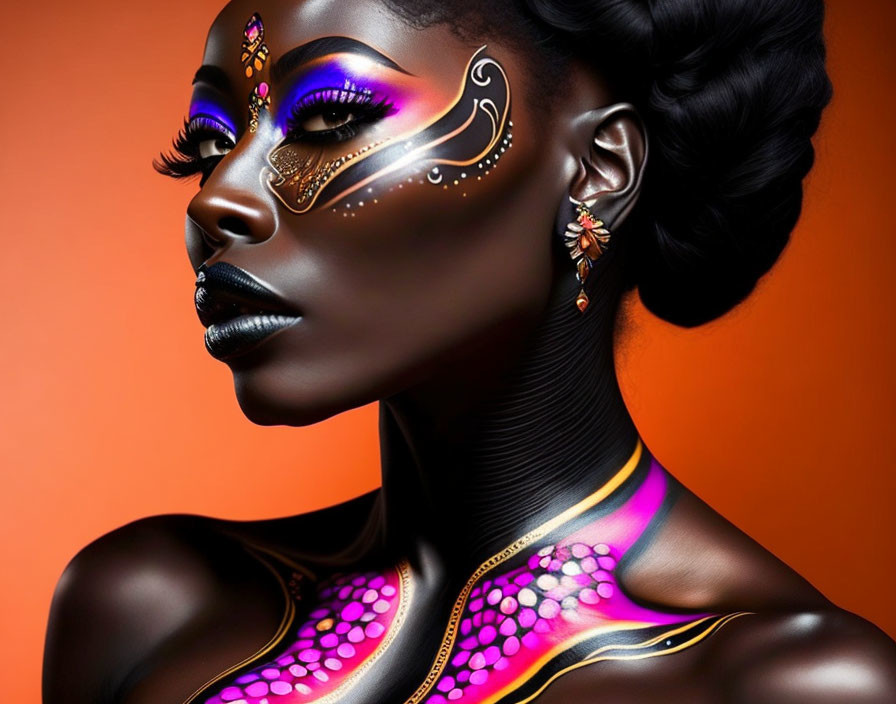 Vibrant body art portrait of a woman with intricate designs on face and neck