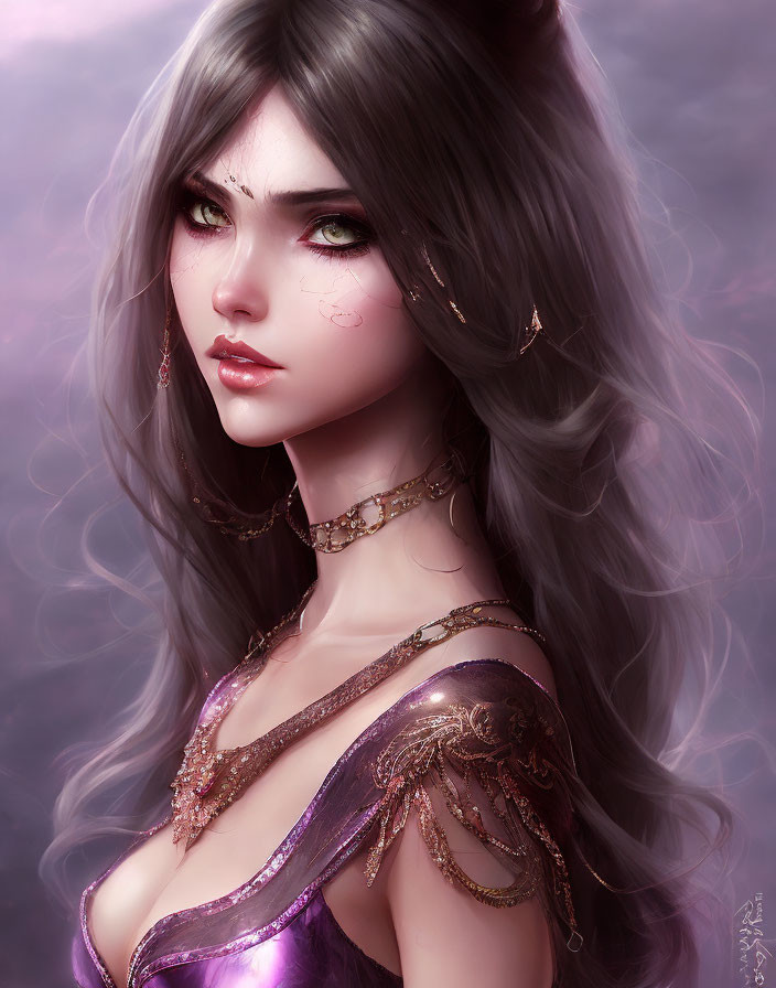 Digital artwork features woman with wavy gray hair, green eyes, purple dress with gold accents.