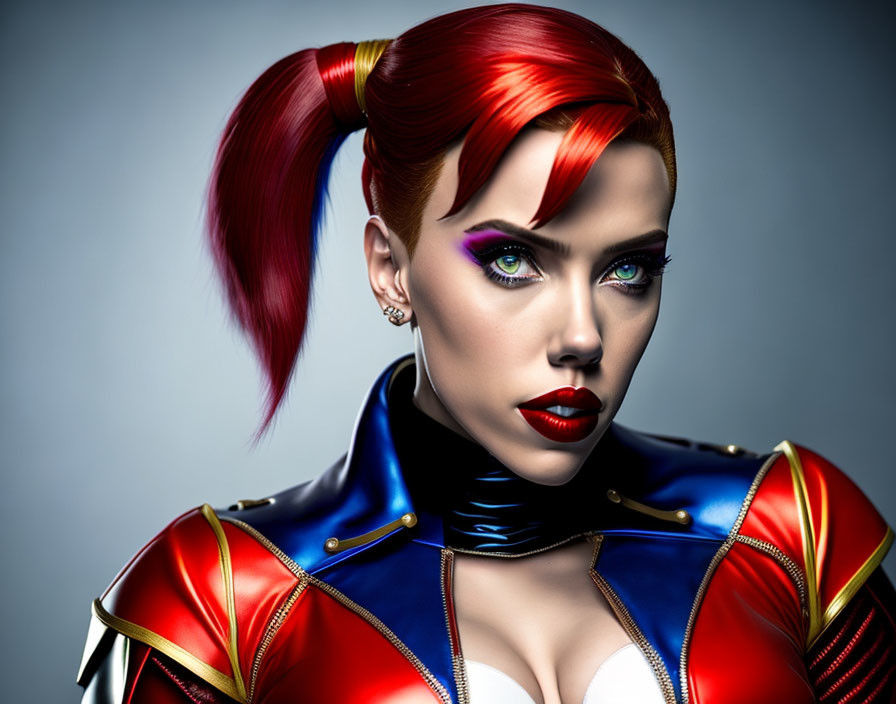 Vibrant digital artwork: woman with red hair & futuristic outfit