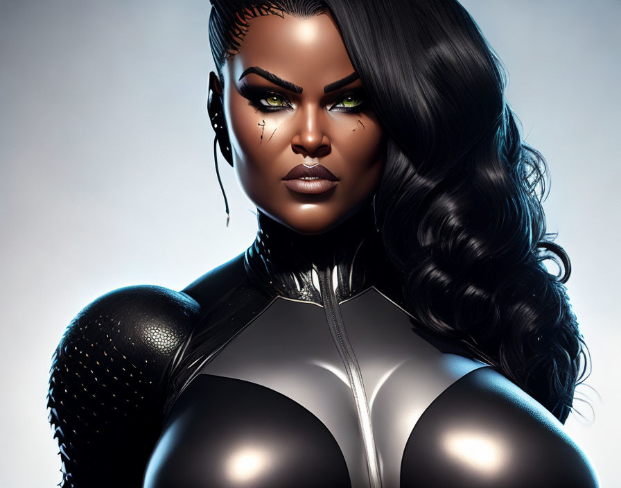 Illustration of confident female character in futuristic black attire with dark hair and green eyes