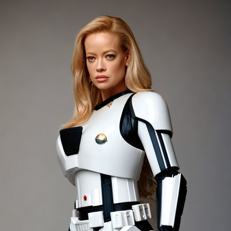 Blonde Woman in White and Black Futuristic Armor Portrait