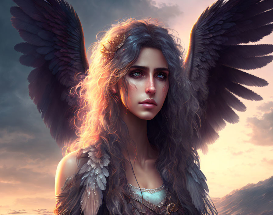 Digital artwork of woman with large wings in twilight sky, striking eyes and feathered attire.