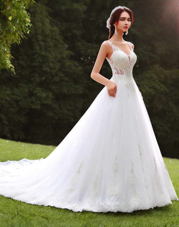 Elegant woman in white lace wedding gown with tiara, standing on grass