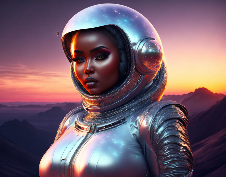 Futuristic astronaut woman art in vibrant hues against twilight mountain backdrop