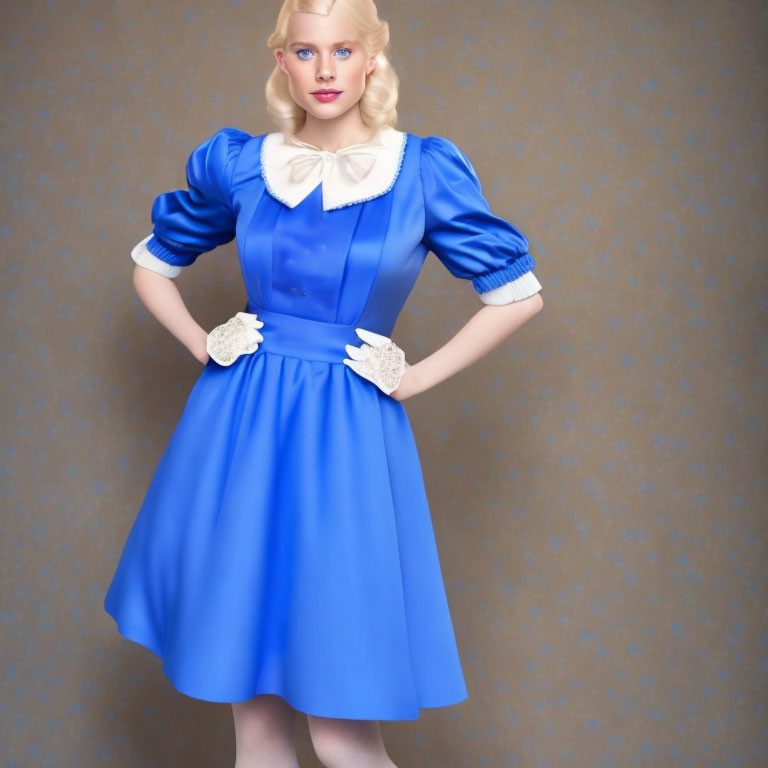 Vintage-style woman in blue dress with white collar and gloves on speckled backdrop