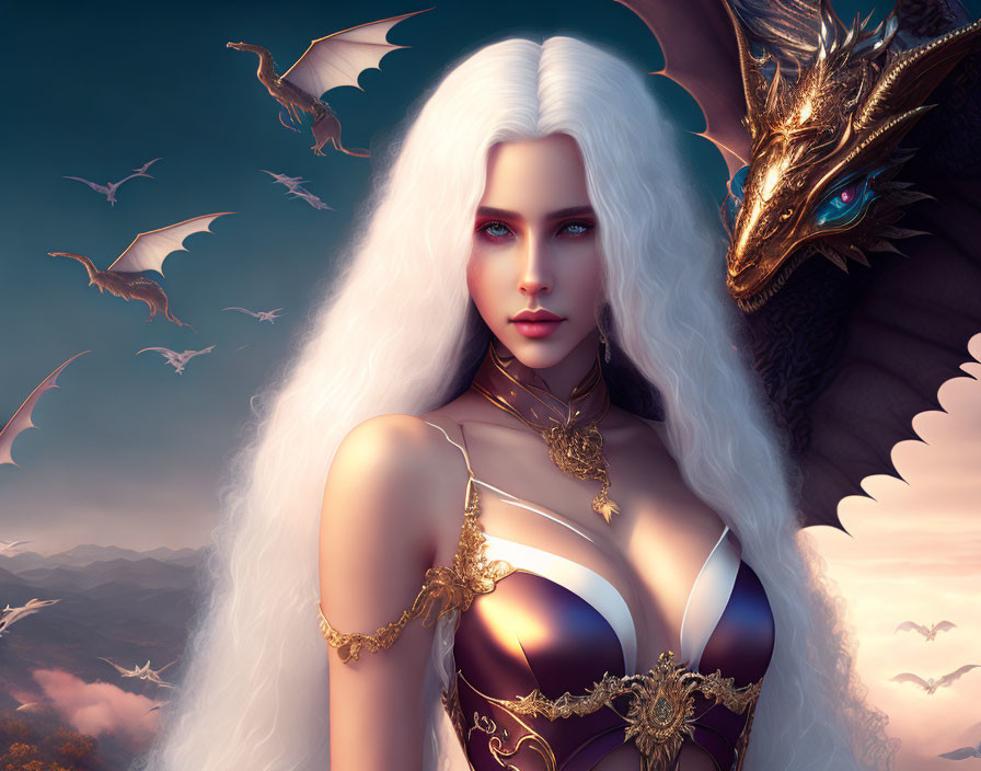 Fantasy image: Woman with white hair, dragon, bats in dusk sky