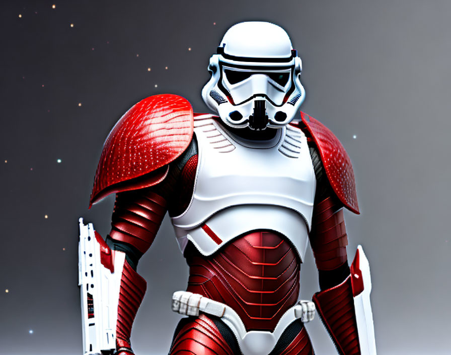 Red and White Armored Figure with Stormtrooper Helmet and Blaster on Starry Background