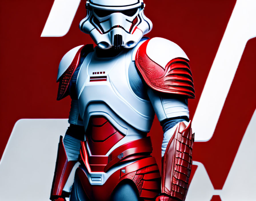 Stormtrooper in white and red armor on red and white background