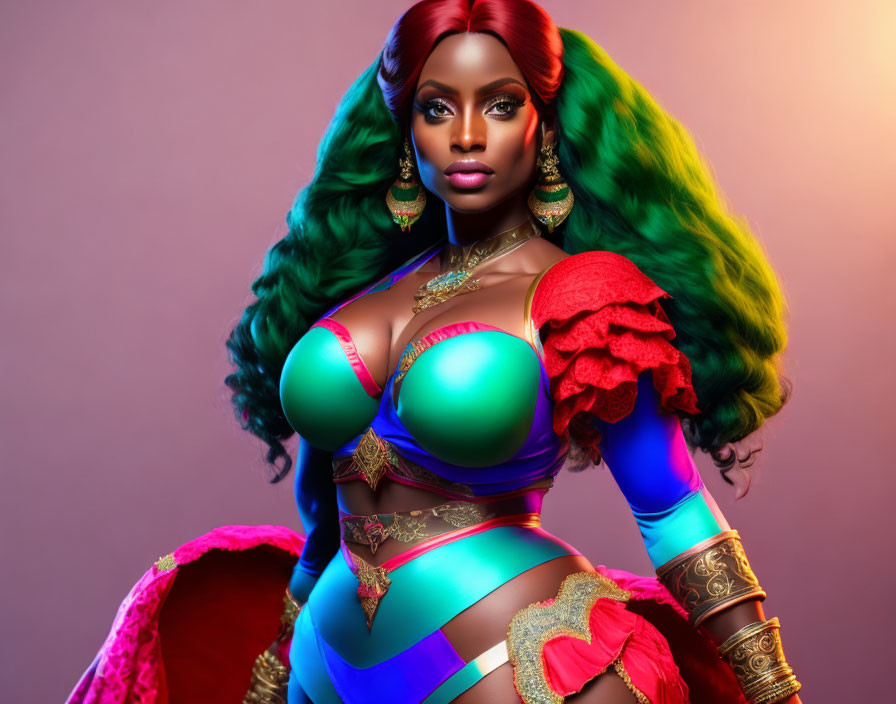 Colorful portrait of a person with green and red hair in a blue and gold costume