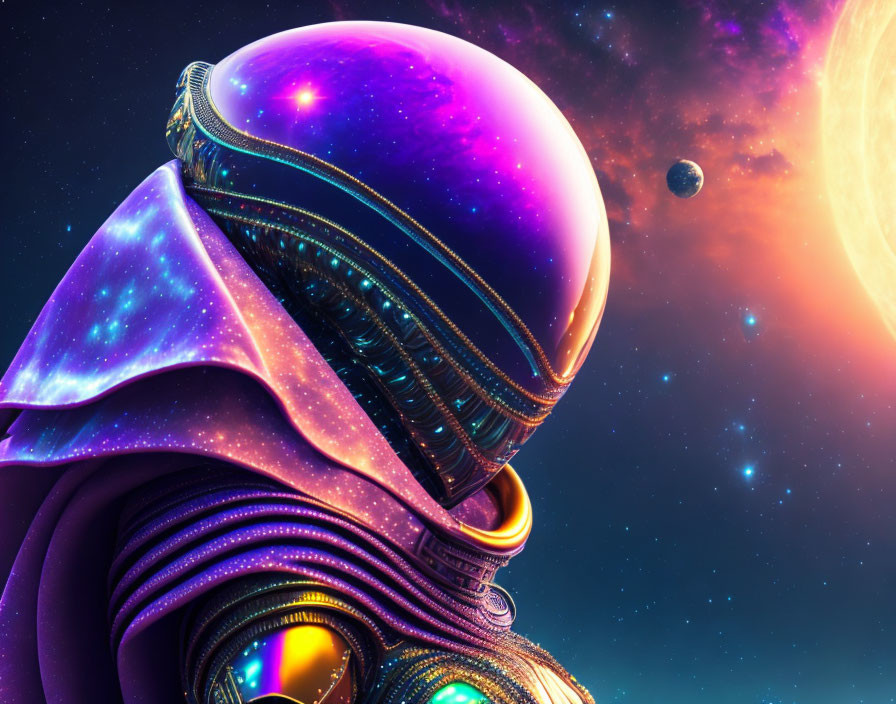 Cosmic-themed futuristic being with star-reflecting helmet in celestial sky