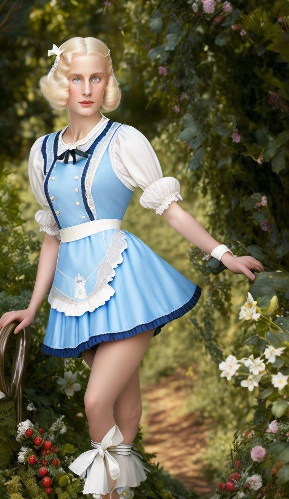 Blonde woman in blue and white dress in lush garden