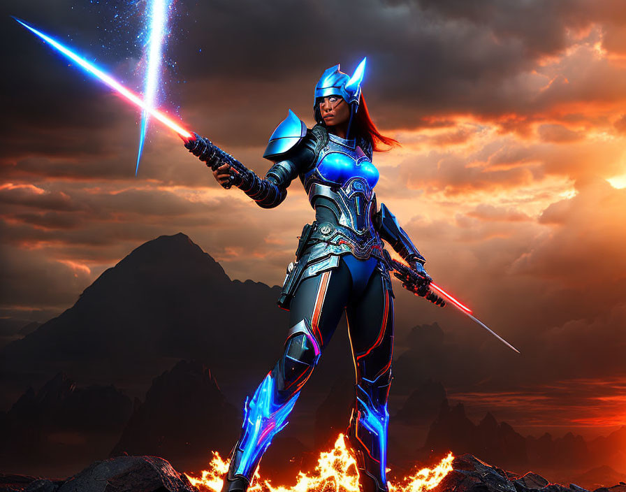 Futuristic warrior with glowing sword in dramatic sci-fi landscape