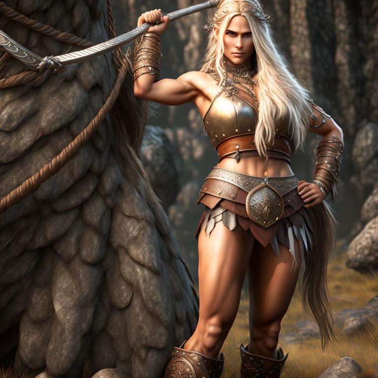 Blonde female warrior in metal armor with spear by rock formation