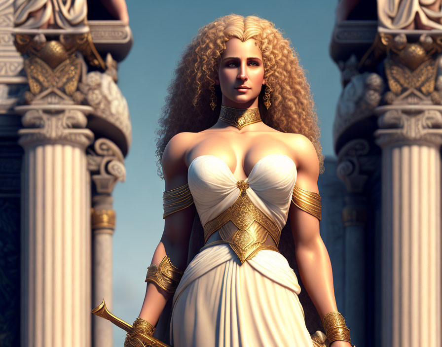 Majestic Woman in Golden Armor with Curly Hair in 3D Render