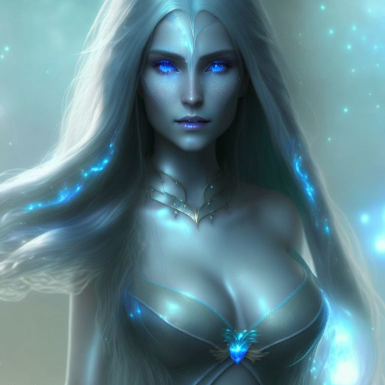 Mystical Female Figure with Glowing Blue Eyes and Ethereal Blue Skin