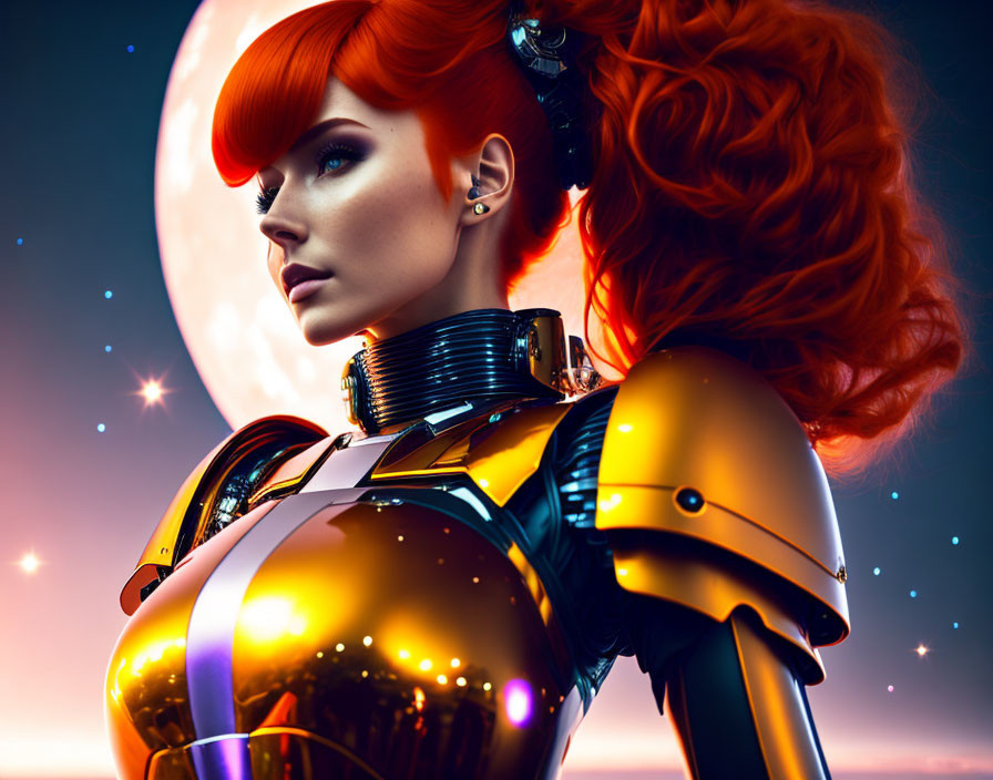 Futuristic female android with red hair in gold armor on moonlit night