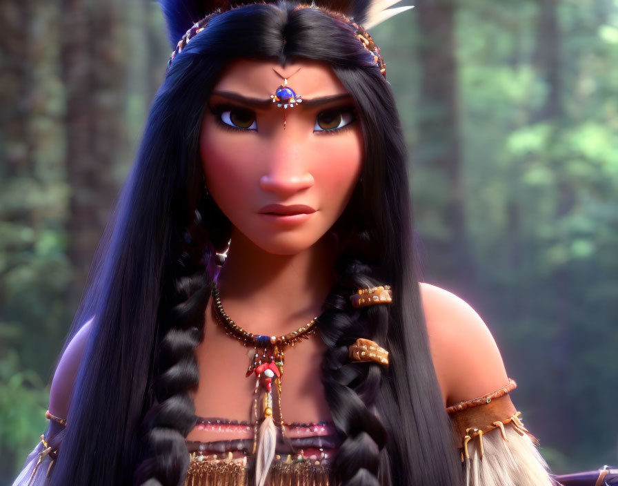 Long-haired animated character in tribal headdress with blue gem, amidst mystical forest.