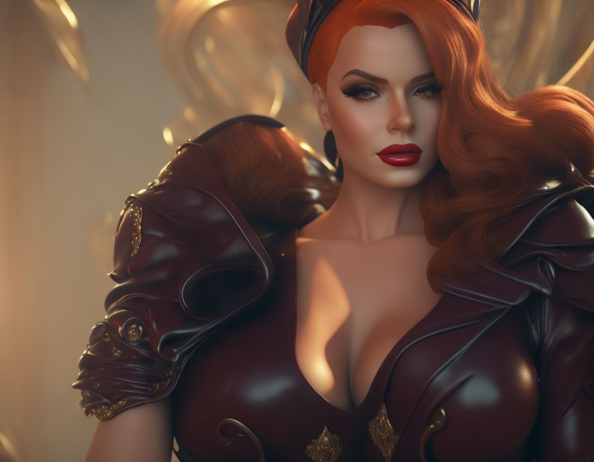 Voluminous Red Hair Female Character in Golden Armor Portrait