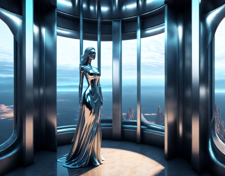 Futuristic woman in metallic blue and gold dress in futuristic room overlooking coastal alien landscape