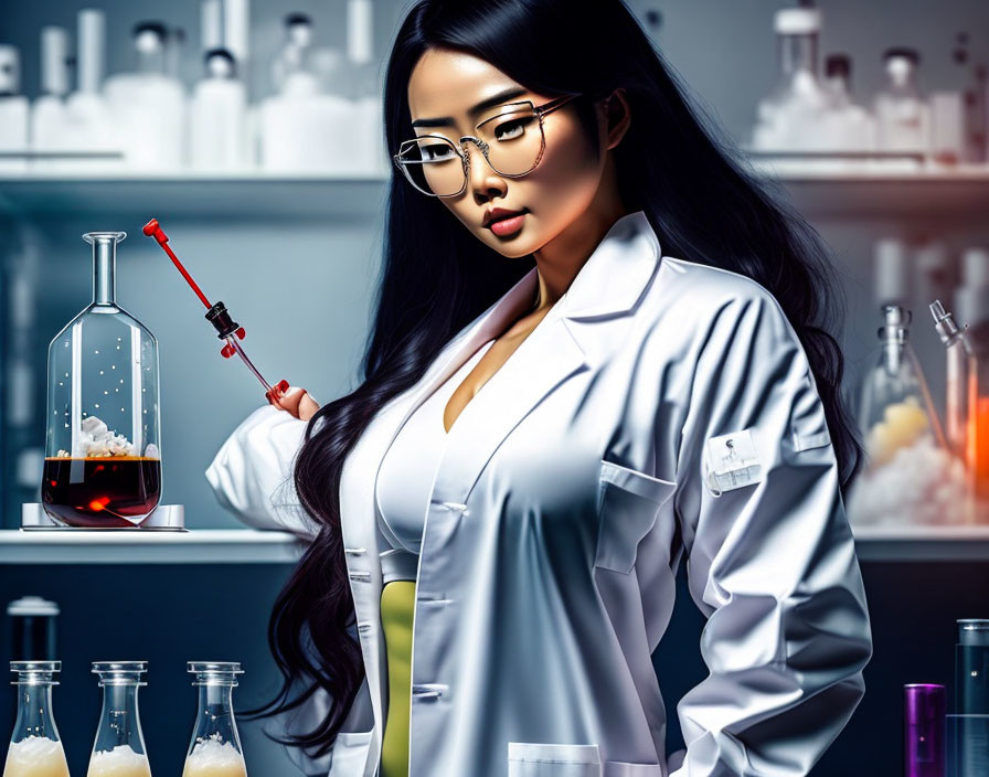 Female scientist in lab with glasses, lab coat, dropper, and flask