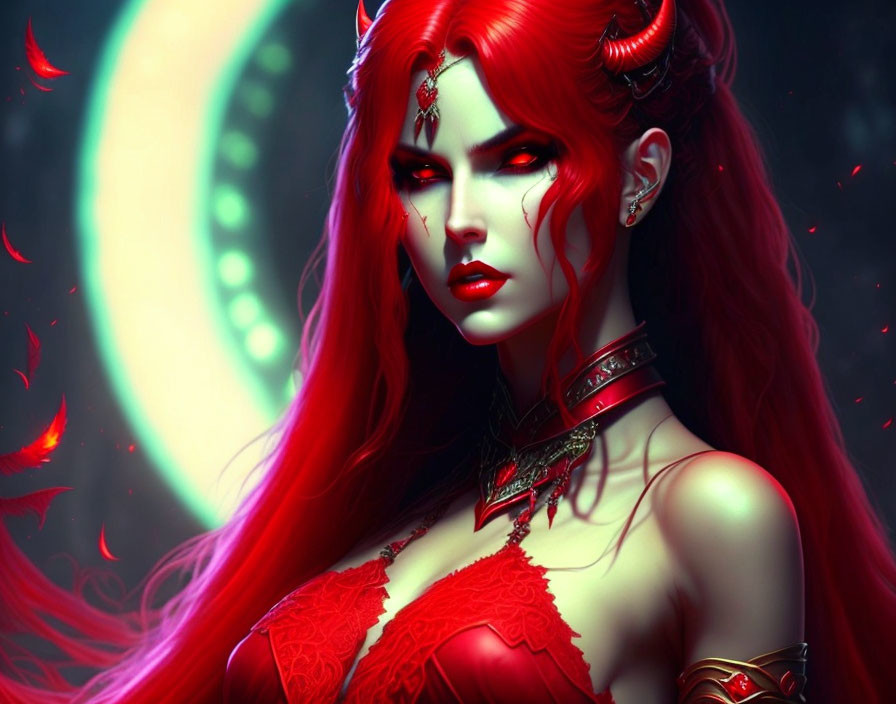 Fantasy artwork of red-skinned female in elaborate attire on moonlit night