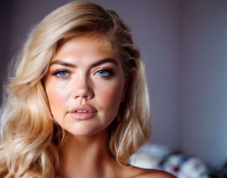 Blonde woman with blue eyes and hoop earrings portrait